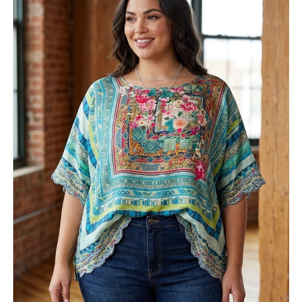 Johnny Was Multicolor Floral Geometric Patchwork silk Tunic - Teal, Pink, Green